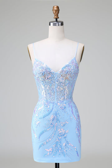 Vestido de cóctel corto con espalda abierta y corsé de lentejuelas azul con bordado
